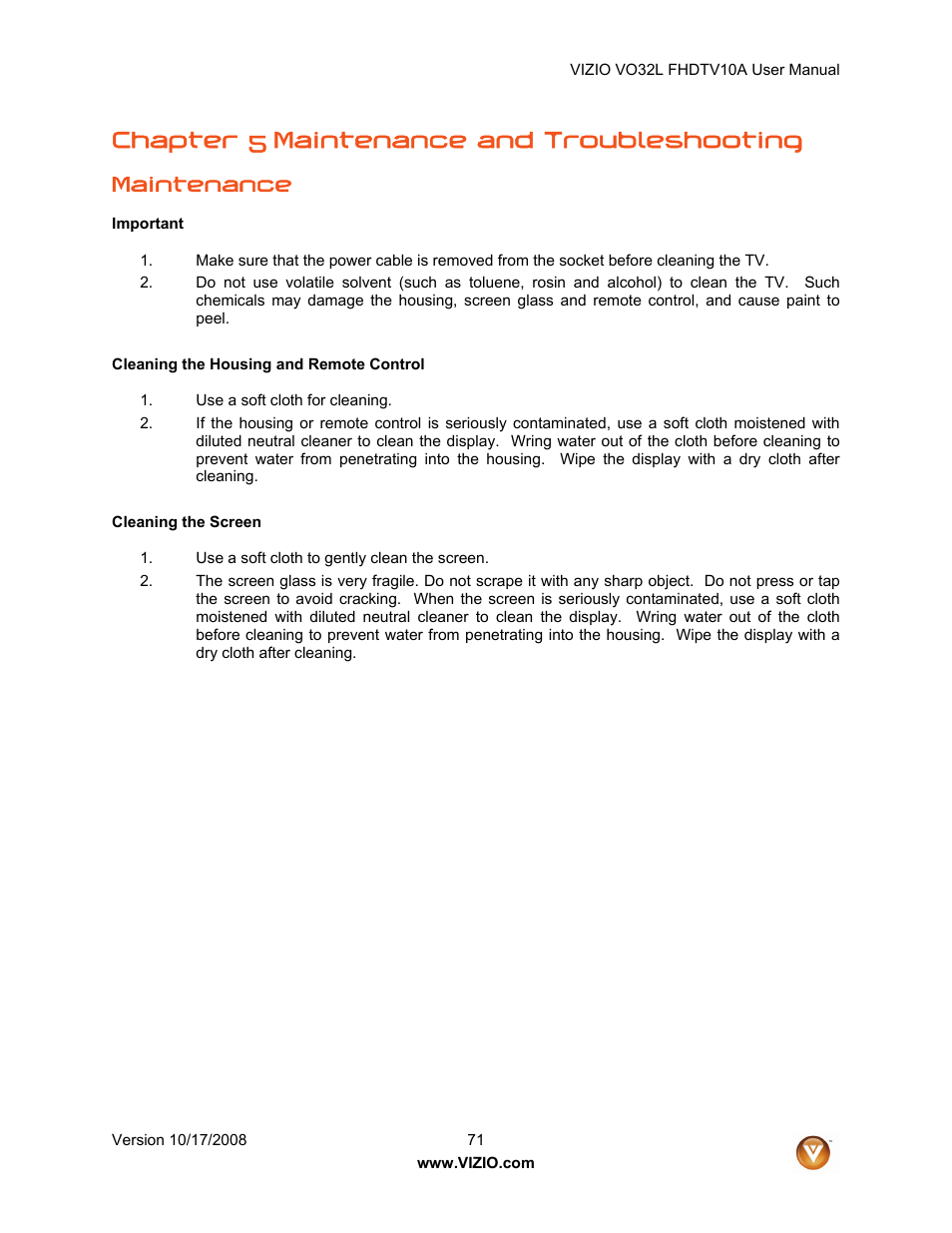 Chapter 5 maintenance and troubleshooting, Maintenance | Vizio VO32L User Manual | Page 71 / 82