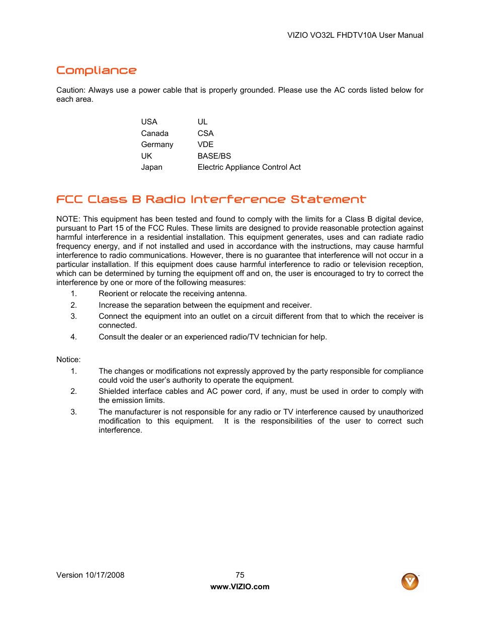 Compliance, Fcc class b radio interference statement | Vizio VO32L User Manual | Page 75 / 82