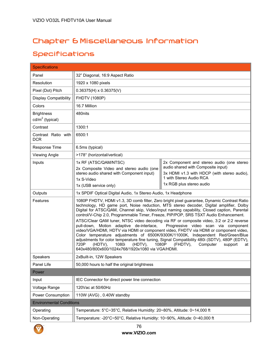 Chapter 6 miscellaneous information, Specifications | Vizio VO32L User Manual | Page 76 / 82