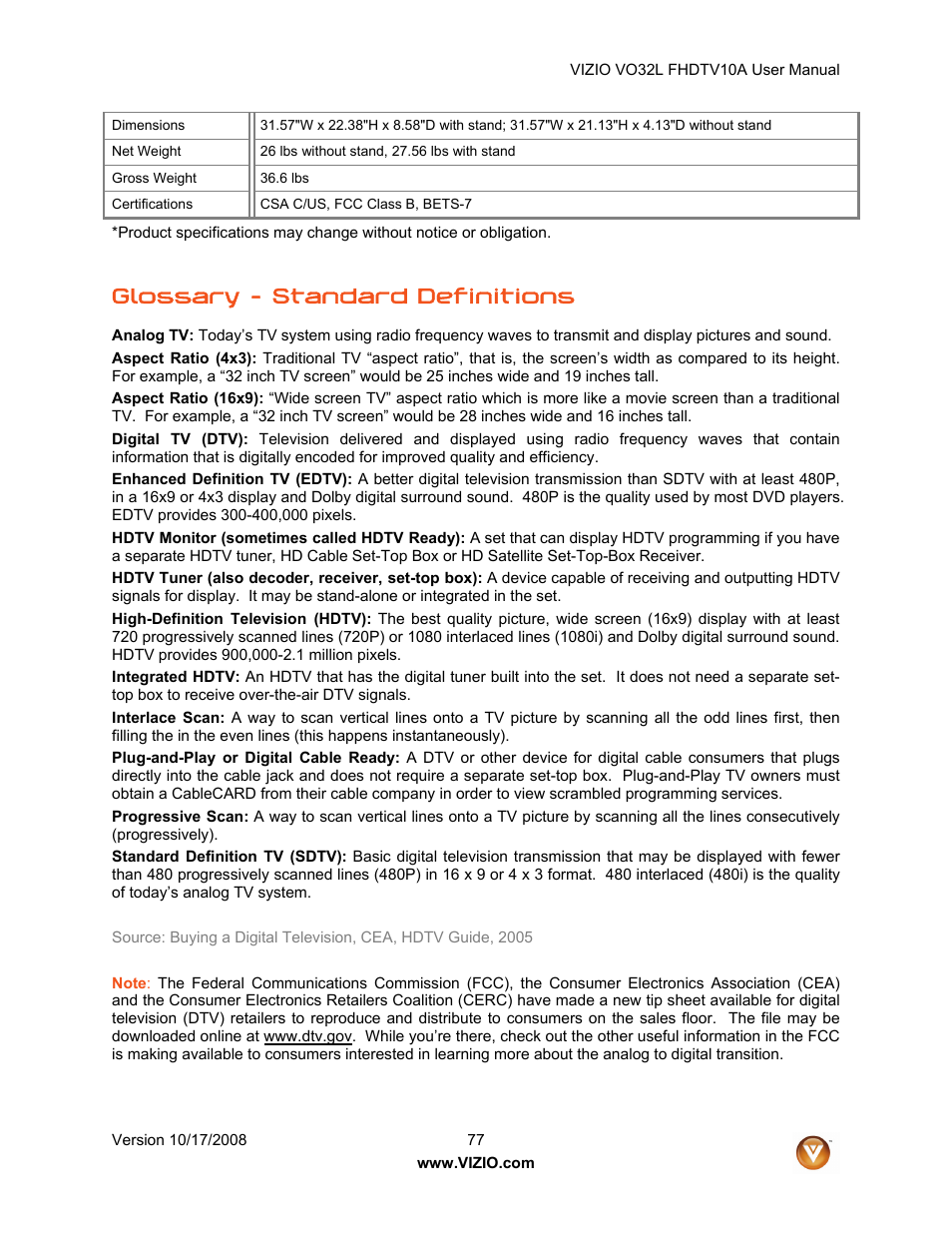 Glossary – standard definitions | Vizio VO32L User Manual | Page 77 / 82