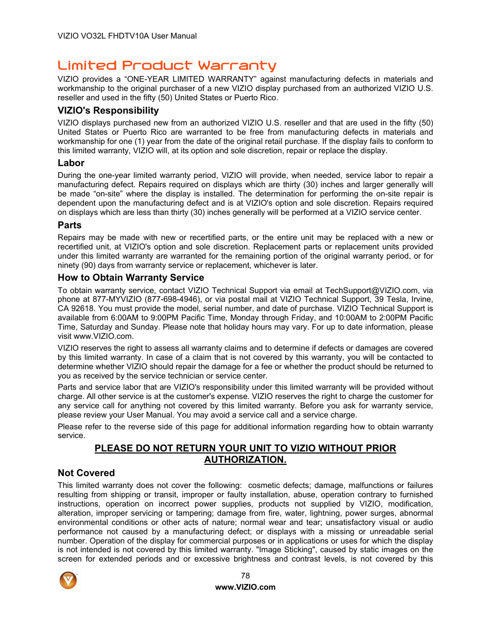 Limited product warranty | Vizio VO32L User Manual | Page 78 / 82