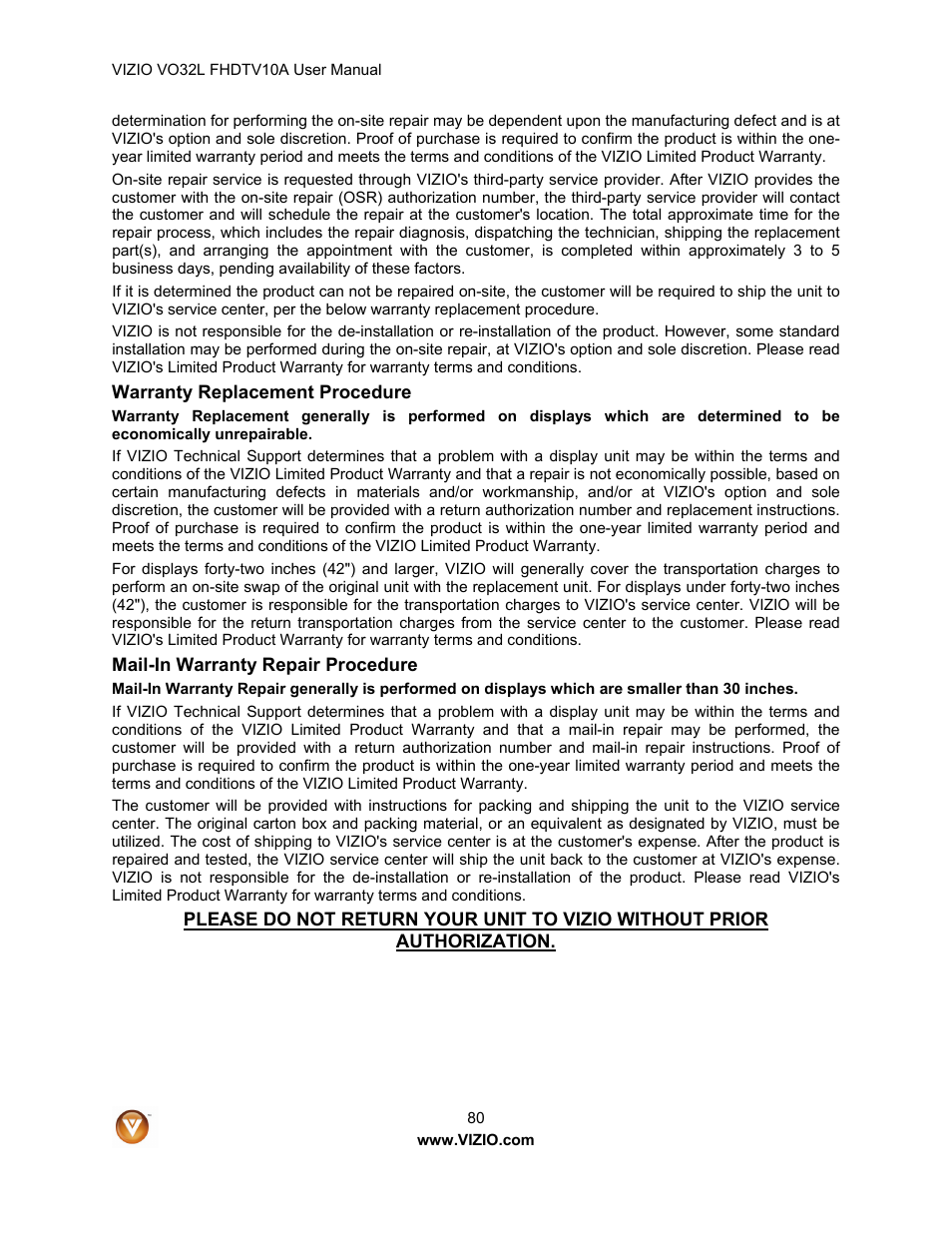 Vizio VO32L User Manual | Page 80 / 82