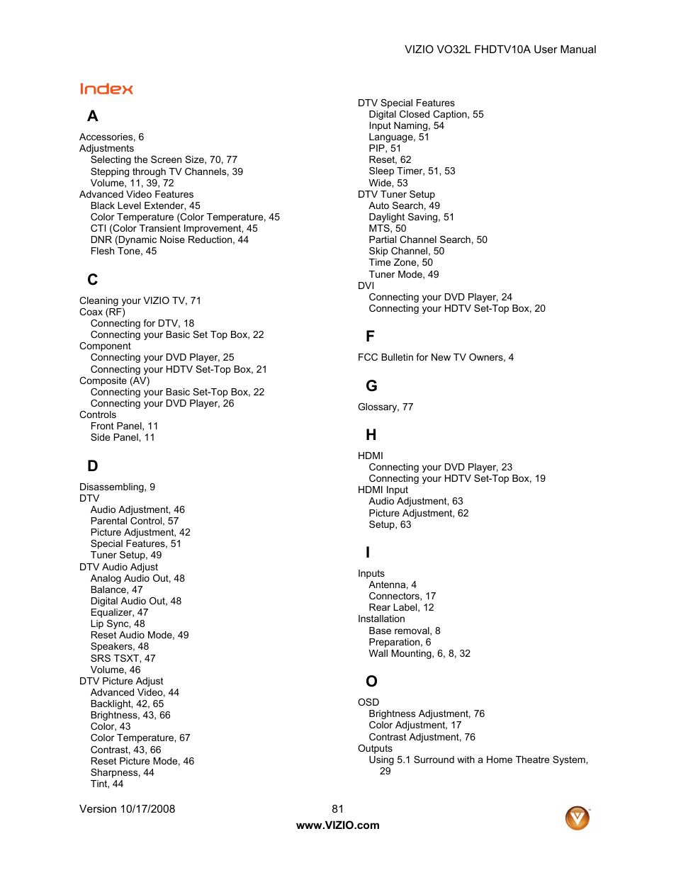 Index a | Vizio VO32L User Manual | Page 81 / 82