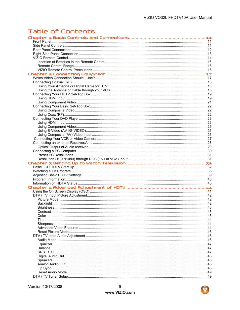 Vizio VO32L User Manual | Page 9 / 82