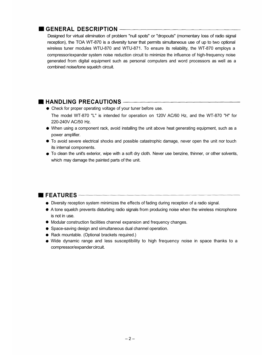 General description, Handling precautions, Features | Vizio WT-870 User Manual | Page 2 / 8