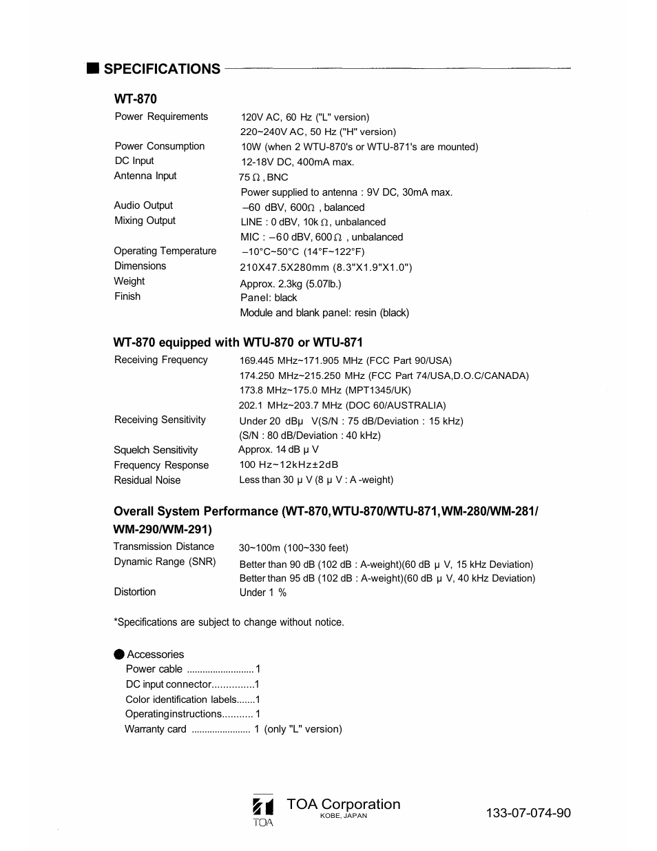 Specifications, Toa corporation, Wt-870 | Vizio WT-870 User Manual | Page 8 / 8