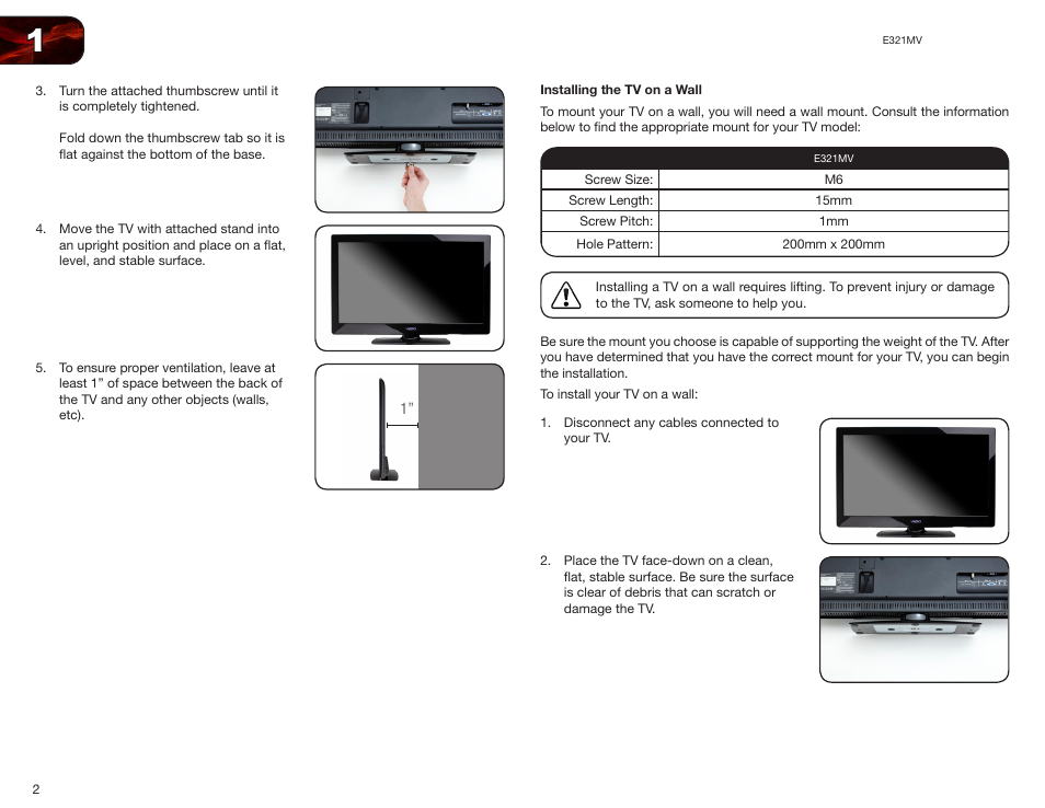 Installing the tv on a wall | Vizio E321MV User Manual | Page 10 / 48