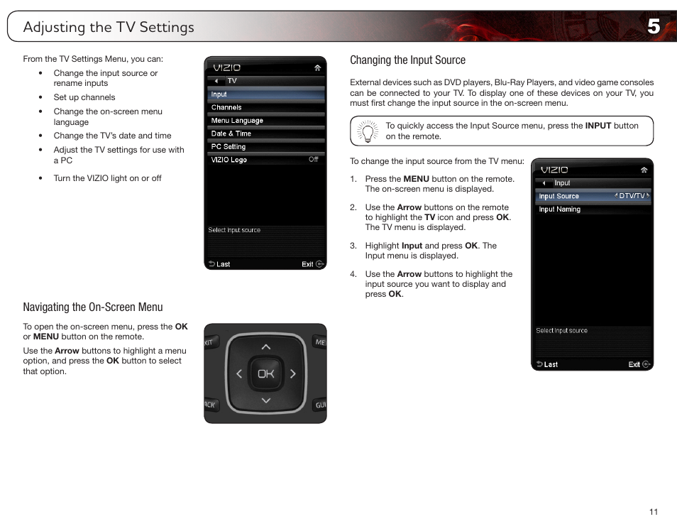 Adjusting the tv settings, Navigating the on-screen menu, Changing the input source | Vizio E321MV User Manual | Page 19 / 48