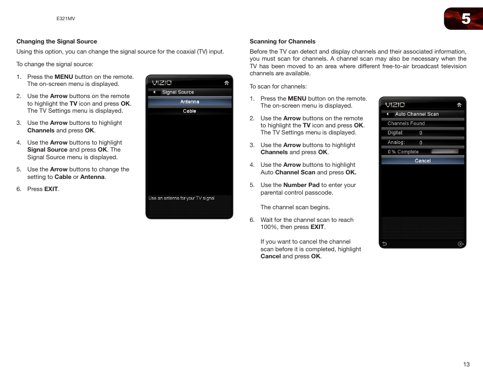 Changing the signal source, Scanning for channels, Changing the signal source scanning for channels | Vizio E321MV User Manual | Page 21 / 48