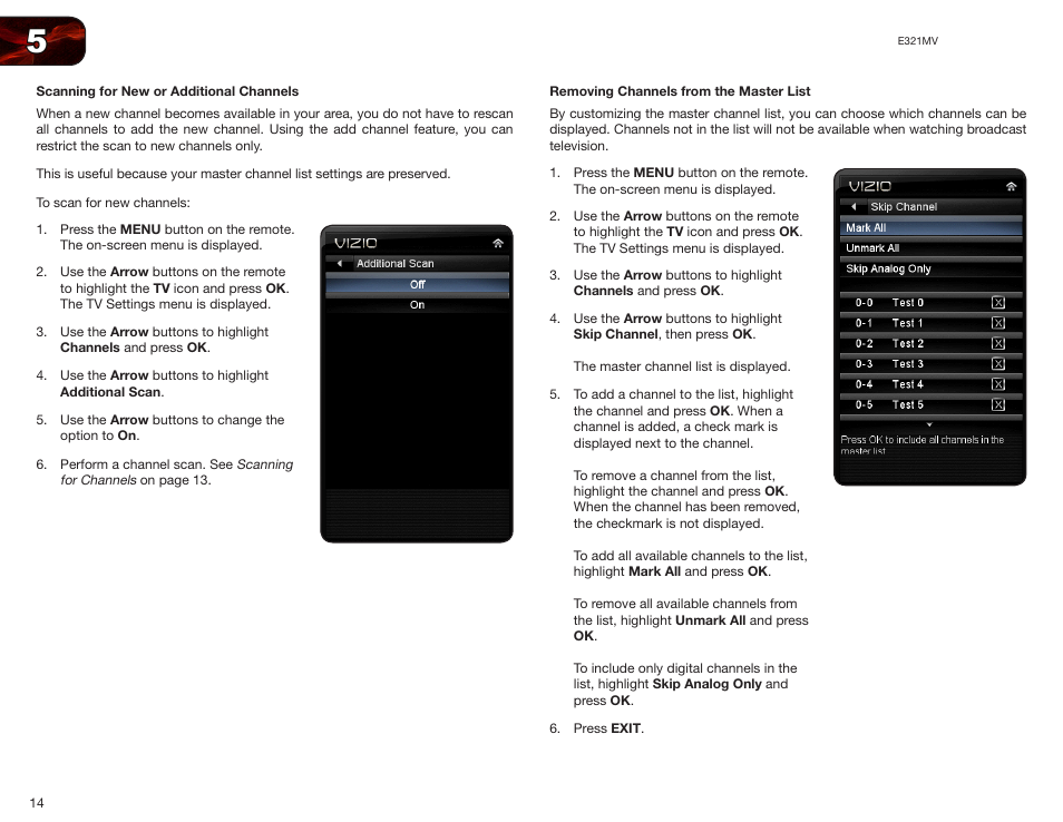 Scanning for new or additional channels, Removing channels from the master list | Vizio E321MV User Manual | Page 22 / 48