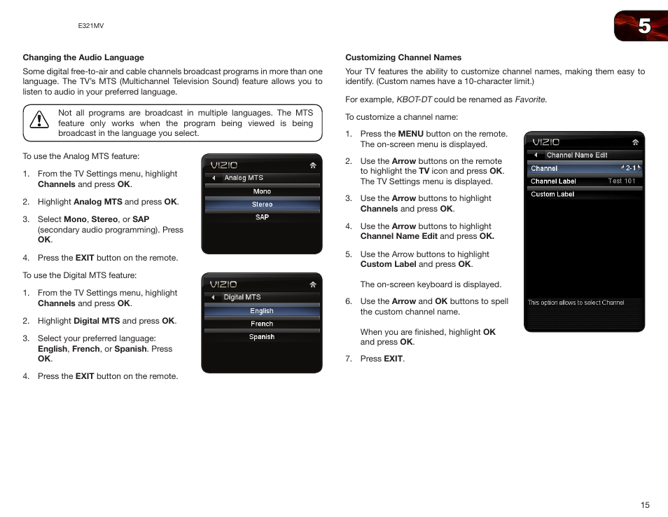 Changing the audio language, Customizing channel names | Vizio E321MV User Manual | Page 23 / 48