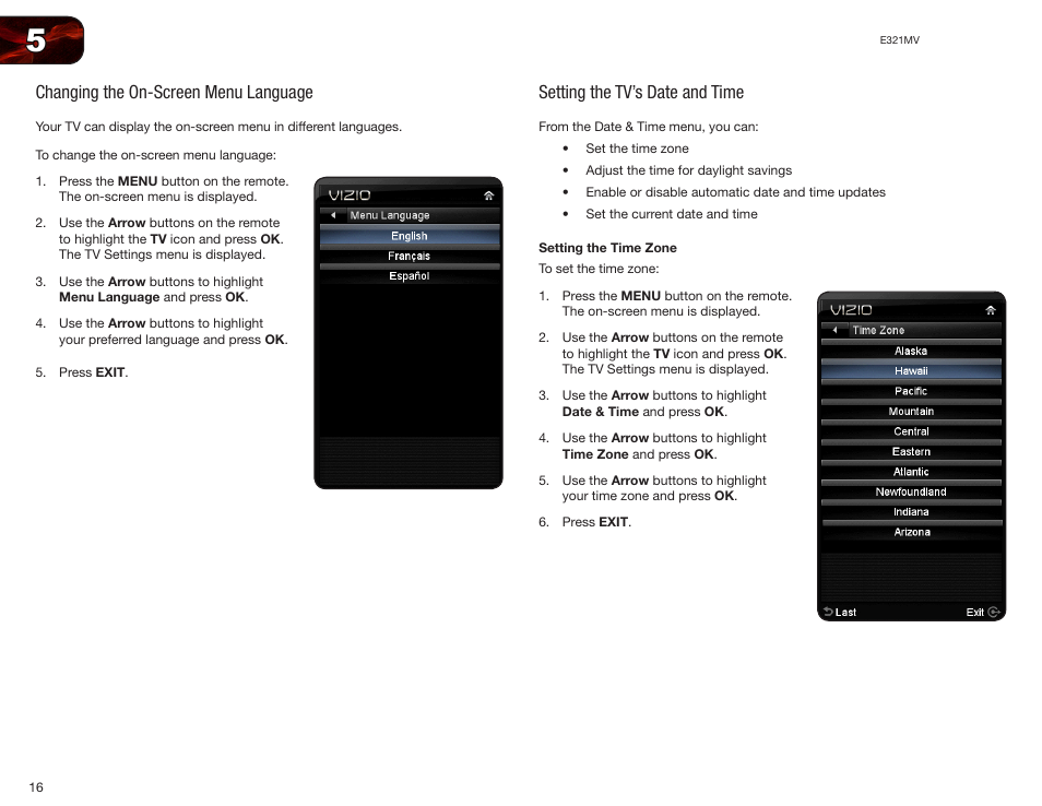 Changing the on-screen menu language, Setting the tv’s date and time, Setting the time zone | Vizio E321MV User Manual | Page 24 / 48