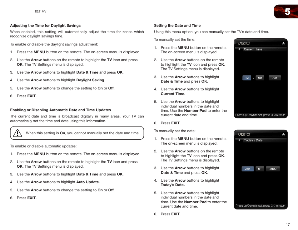 Adjusting the time for daylight savings, Setting the date and time | Vizio E321MV User Manual | Page 25 / 48
