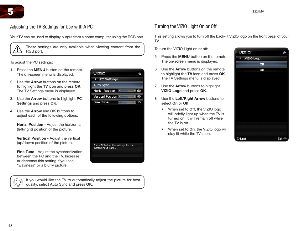 Adjusting the tv settings for use with a pc, Turning the vizio light on or off | Vizio E321MV User Manual | Page 26 / 48