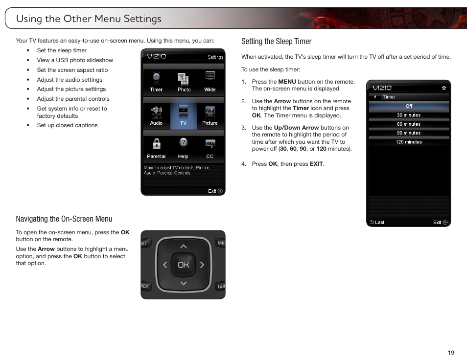 Using the other menu settings, Navigating the on-screen menu, Setting the sleep timer | Vizio E321MV User Manual | Page 27 / 48