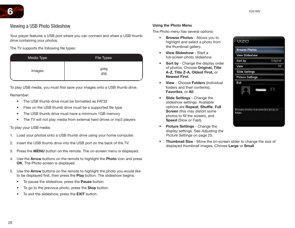 Viewing a usb photo slideshow, Using the photo menu | Vizio E321MV User Manual | Page 28 / 48