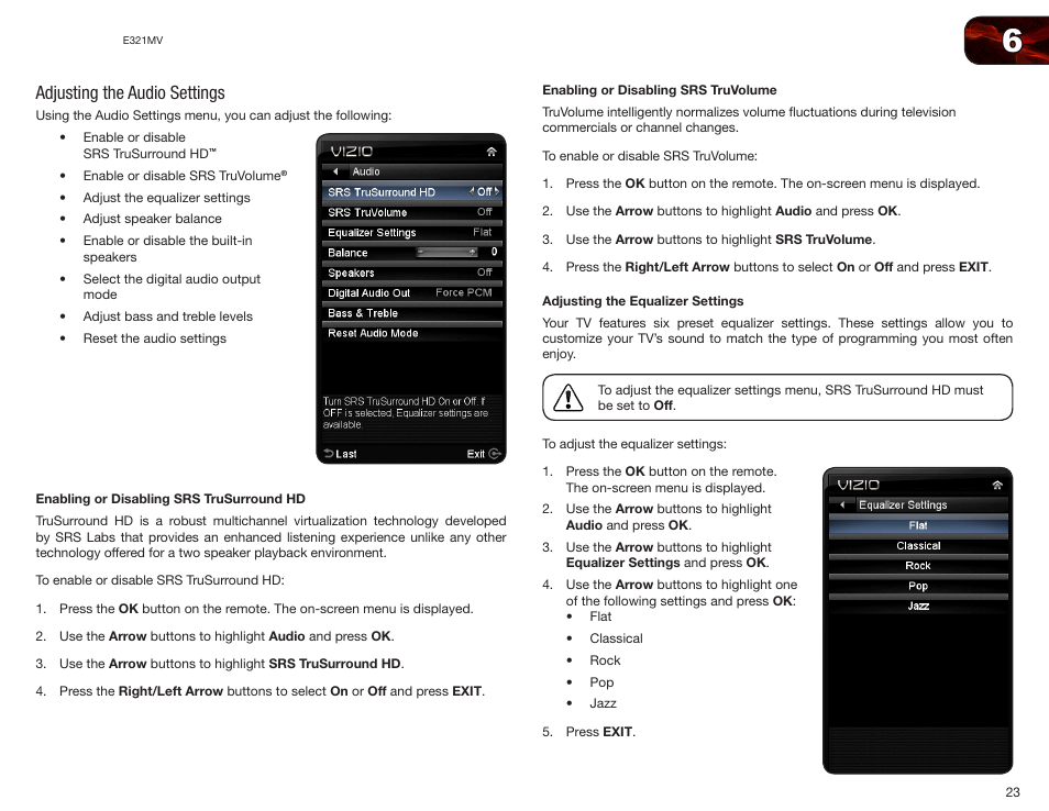 Adjusting the audio settings, Enabling or disabling srs trusurround hd, Enabling or disabling srs truvolume | Adjusting the equalizer settings | Vizio E321MV User Manual | Page 31 / 48