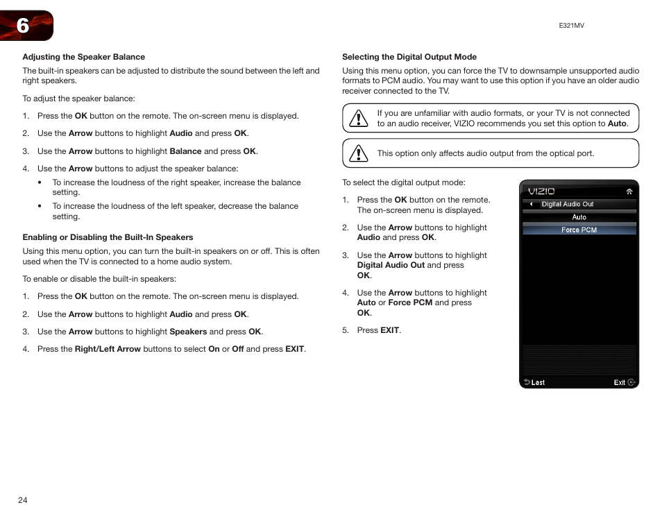 Adjusting the speaker balance, Enabling or disabling the built-in speakers, Selecting the digital output mode | Vizio E321MV User Manual | Page 32 / 48