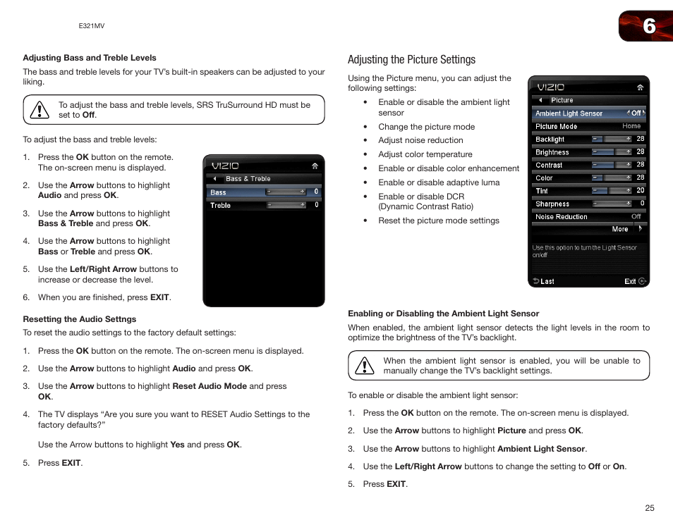 Adjusting bass and treble levels, Resetting the audio settngs, Adjusting the picture settings | Enabling or disabling the ambient light sensor | Vizio E321MV User Manual | Page 33 / 48