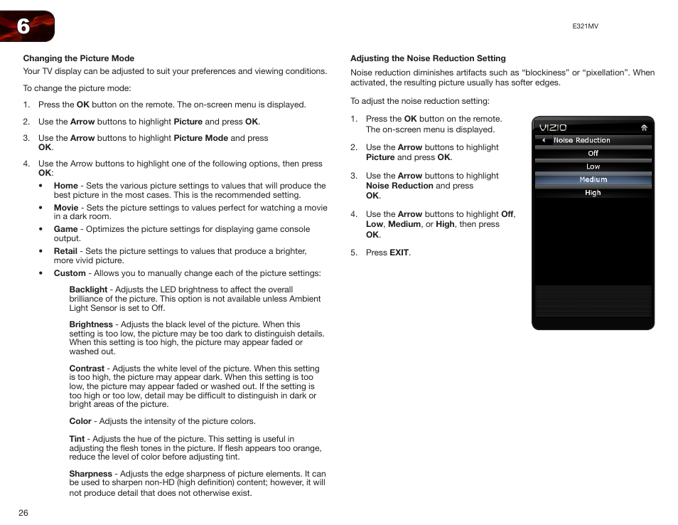 Changing the picture mode, Adjusting the noise reduction setting | Vizio E321MV User Manual | Page 34 / 48