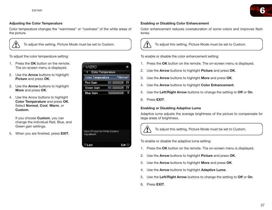 Adjusting the color temperature, Enabling or disabling color enhancement, Enabling or disabling adaptive luma | Vizio E321MV User Manual | Page 35 / 48