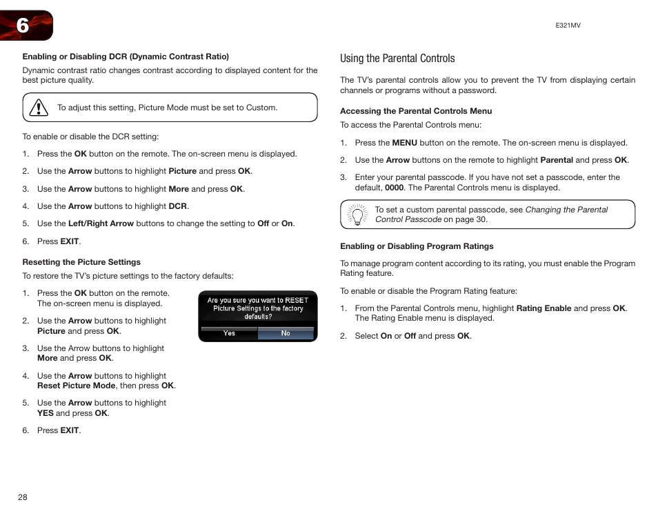 Enabling or disabling dcr (dynamic contrast ratio), Resetting the picture settings, Using the parental controls | Accessing the parental controls menu | Vizio E321MV User Manual | Page 36 / 48