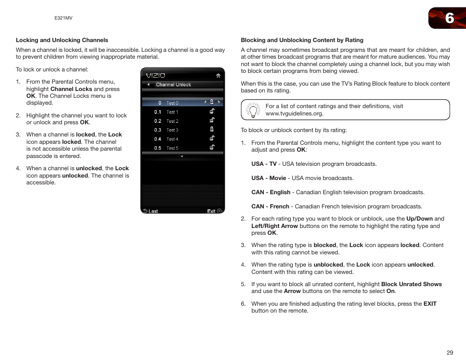 Locking and unlocking channels, Blocking and unblocking content by rating | Vizio E321MV User Manual | Page 37 / 48