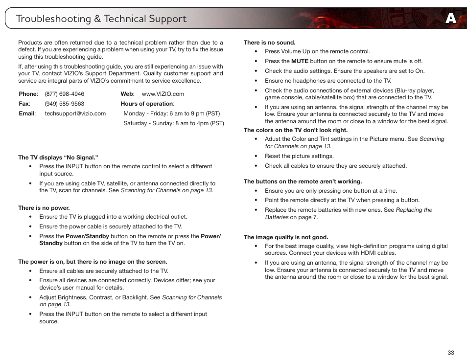 Troubleshooting & technical support, The tv displays “no signal, There is no power | There is no sound, The colors on the tv don’t look right, The buttons on the remote aren’t working, The image quality is not good | Vizio E321MV User Manual | Page 41 / 48