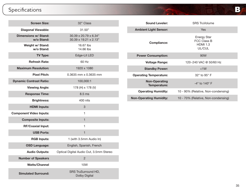 Specifications | Vizio E321MV User Manual | Page 43 / 48