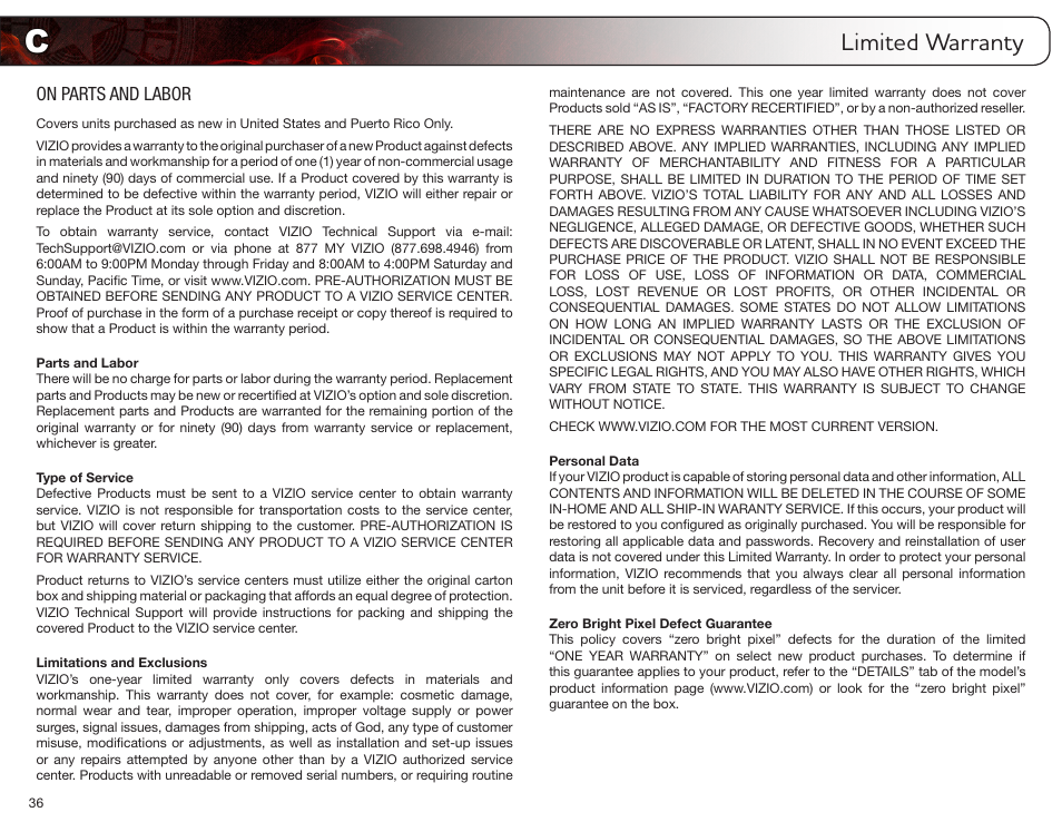 Limited warranty, On parts and labor, Parts and labor | Type of service, Limitations and exclusions, Personal data, Zero bright pixel defect guarantee | Vizio E321MV User Manual | Page 44 / 48