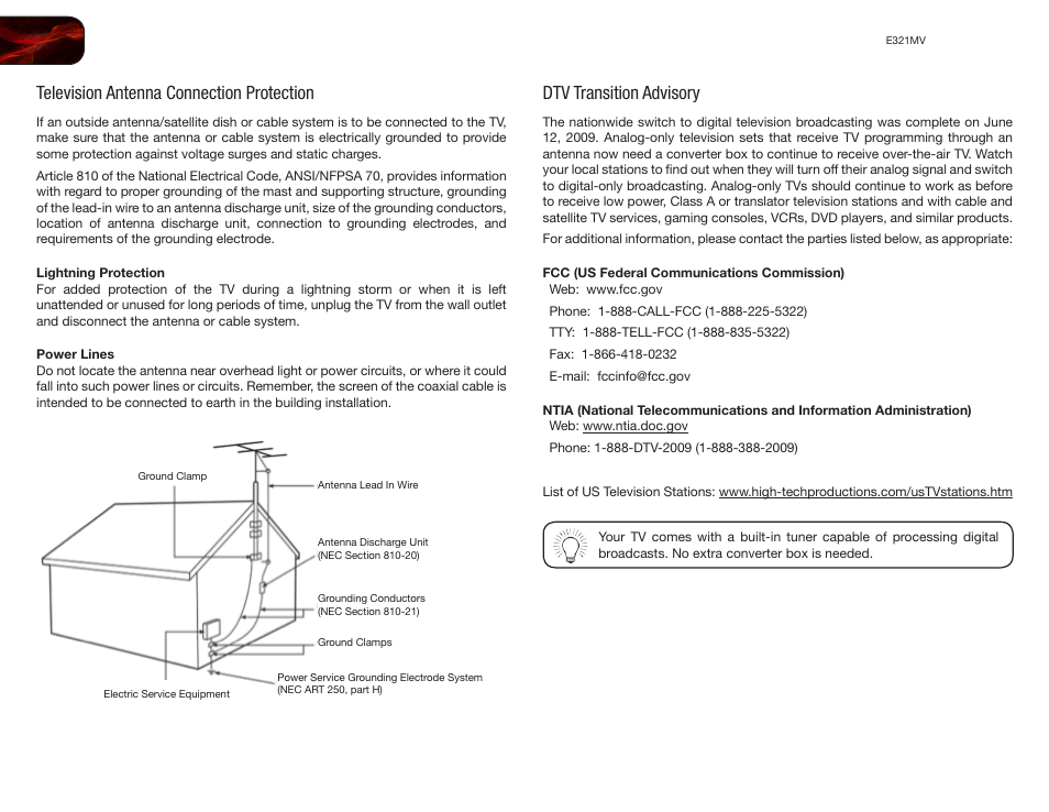 Television antenna connection protection, Dtv transition advisory | Vizio E321MV User Manual | Page 6 / 48