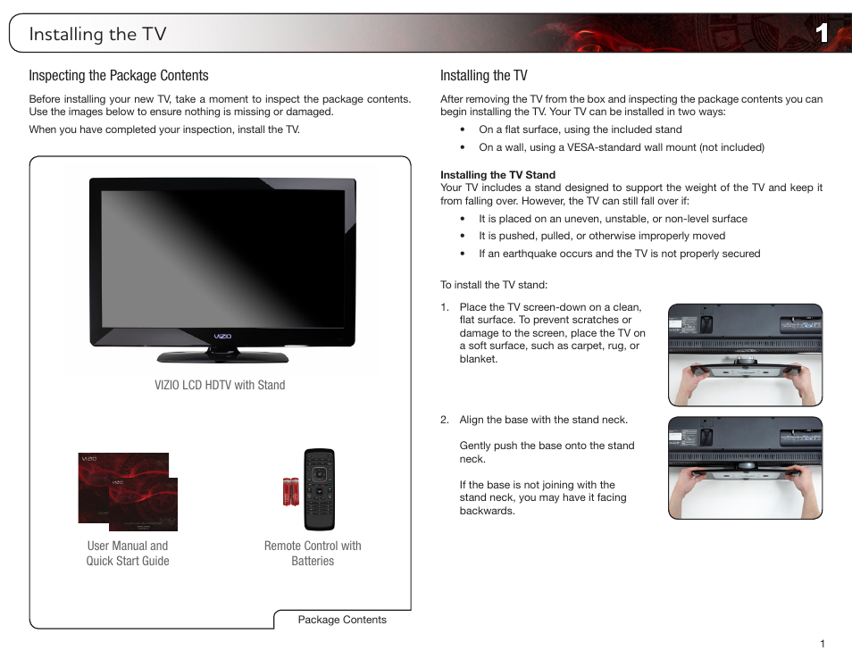 Installing the tv, Inspecting the package contents, Installing the tv stand | Inspecting the package contents installing the tv | Vizio E321MV User Manual | Page 9 / 48