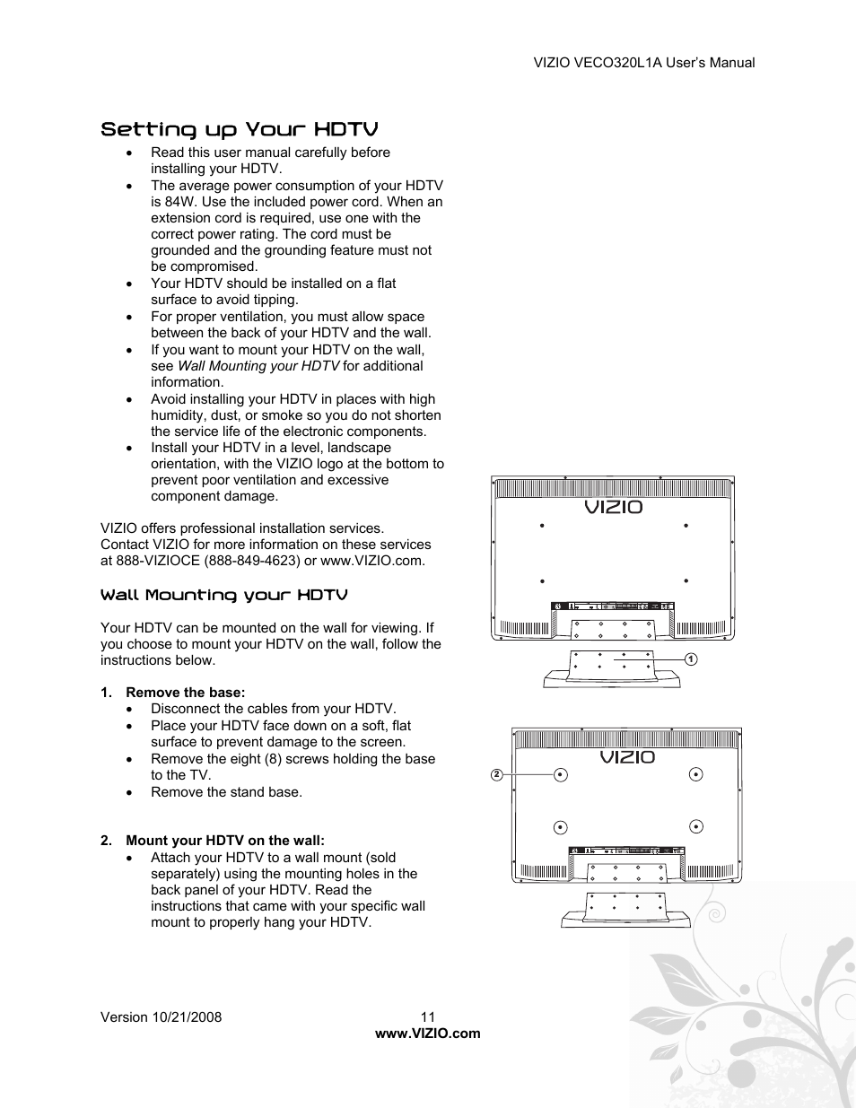 Setting up your hdtv | Vizio VECO320L 1A User Manual | Page 11 / 46