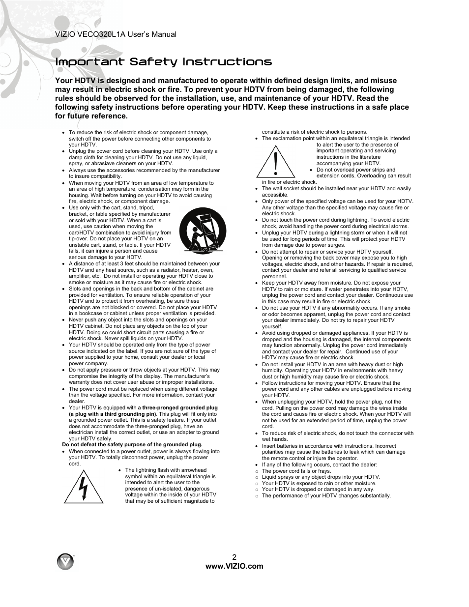 Important safety instructions | Vizio VECO320L 1A User Manual | Page 2 / 46