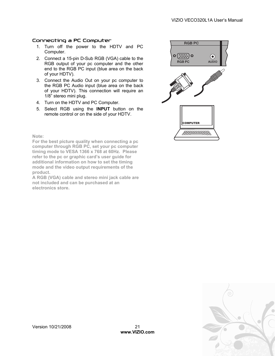 Vizio VECO320L 1A User Manual | Page 21 / 46