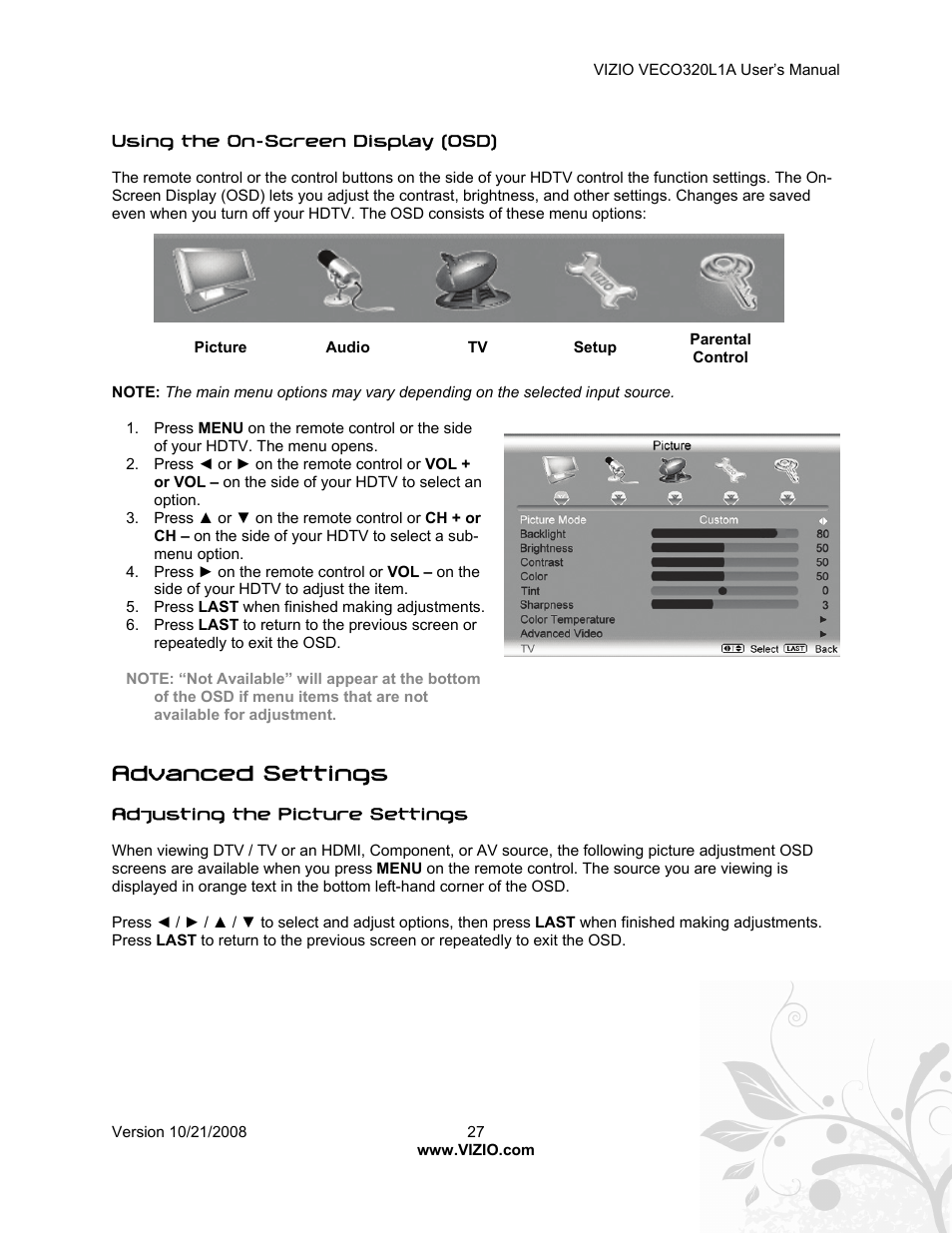 Advanced settings | Vizio VECO320L 1A User Manual | Page 27 / 46