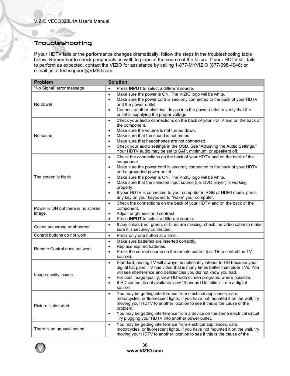 Vizio VECO320L 1A User Manual | Page 36 / 46