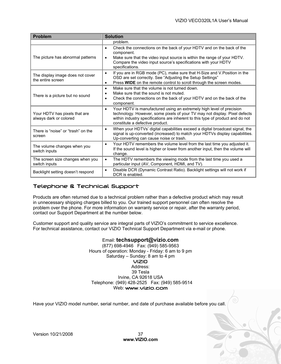 Vizio VECO320L 1A User Manual | Page 37 / 46