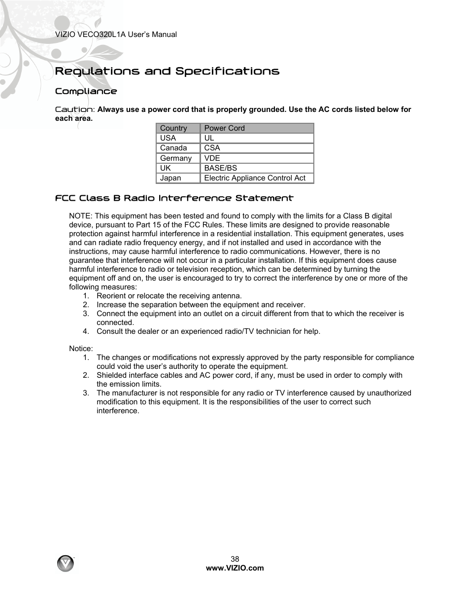Regulations and specifications | Vizio VECO320L 1A User Manual | Page 38 / 46