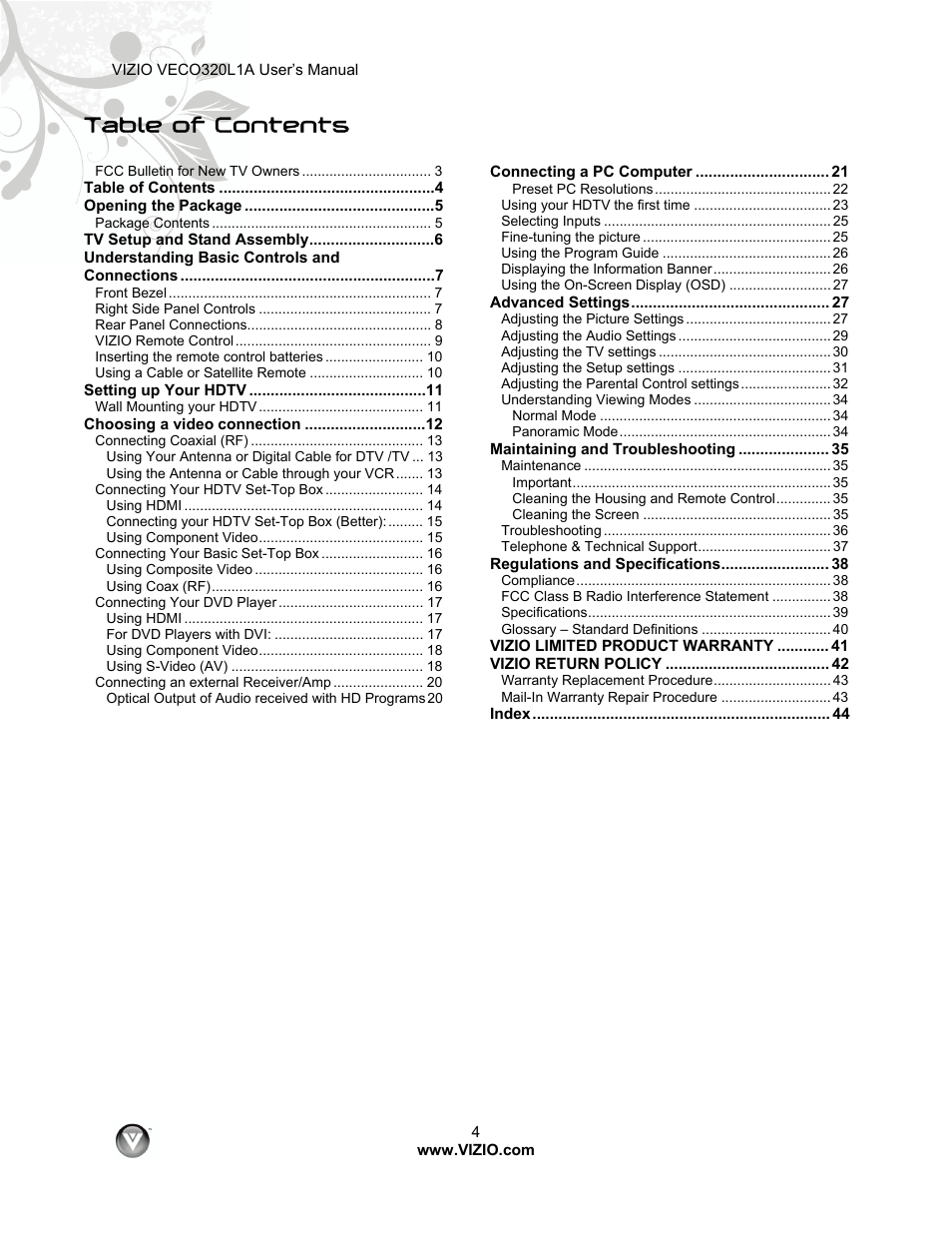 Vizio VECO320L 1A User Manual | Page 4 / 46