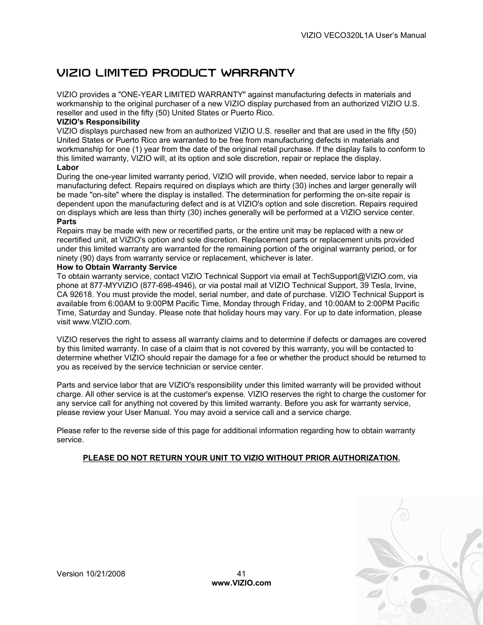 Vizio limited product warranty | Vizio VECO320L 1A User Manual | Page 41 / 46