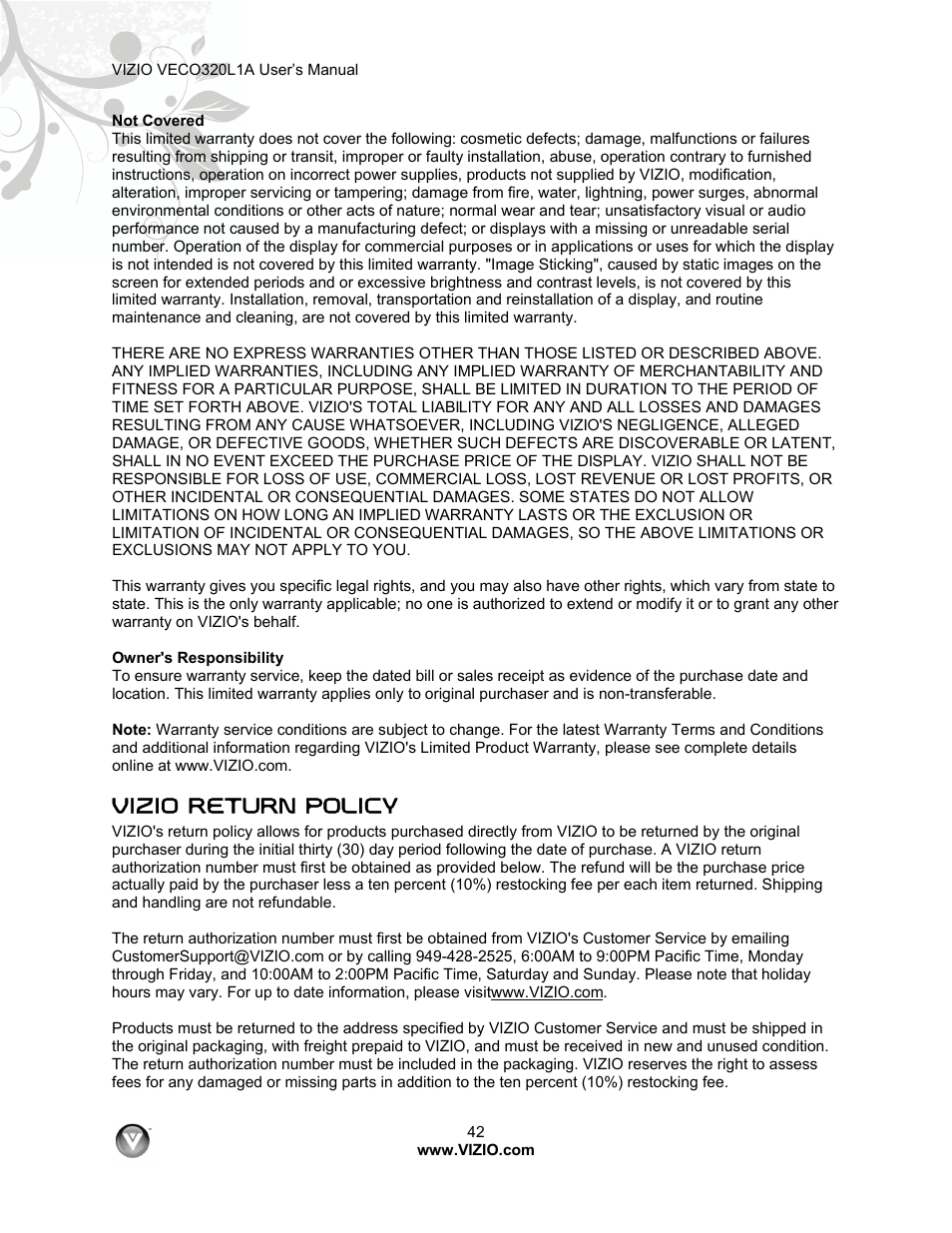Vizio return policy | Vizio VECO320L 1A User Manual | Page 42 / 46