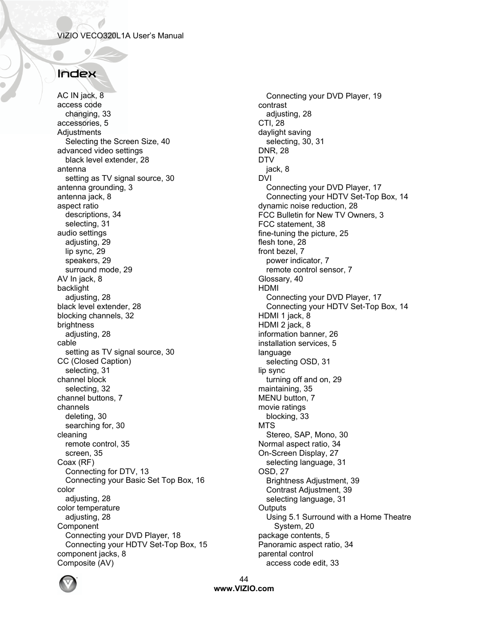 Index | Vizio VECO320L 1A User Manual | Page 44 / 46