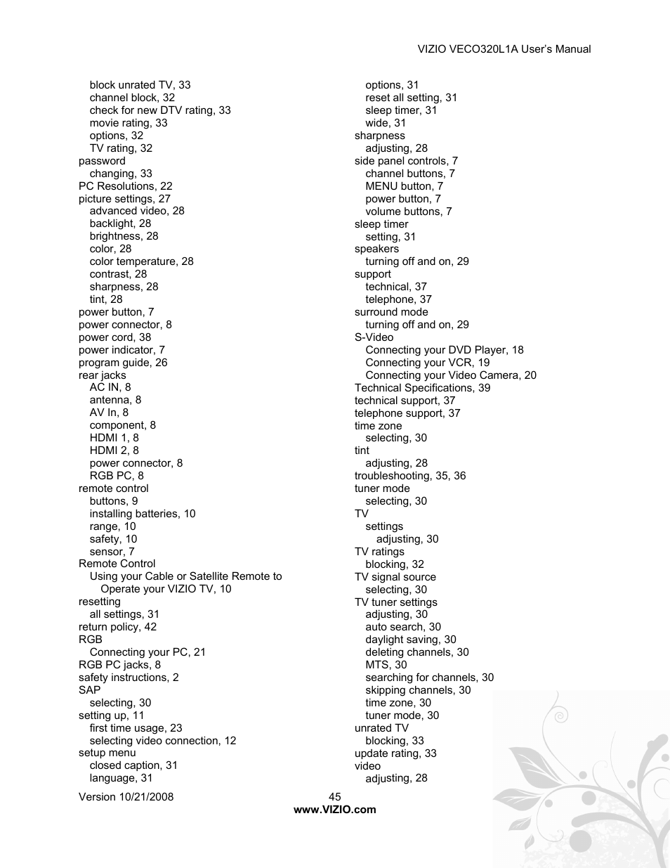 Vizio VECO320L 1A User Manual | Page 45 / 46