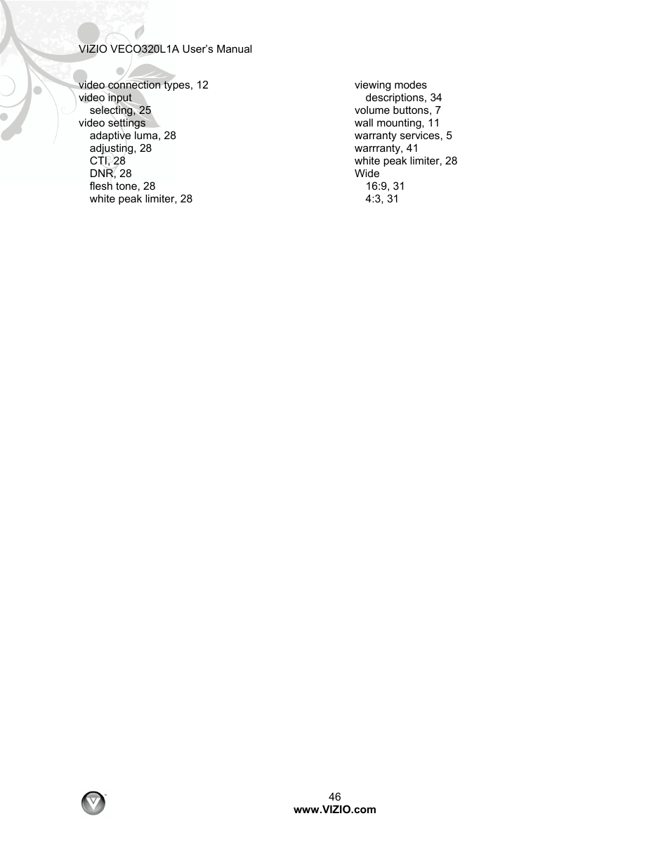 Vizio VECO320L 1A User Manual | Page 46 / 46
