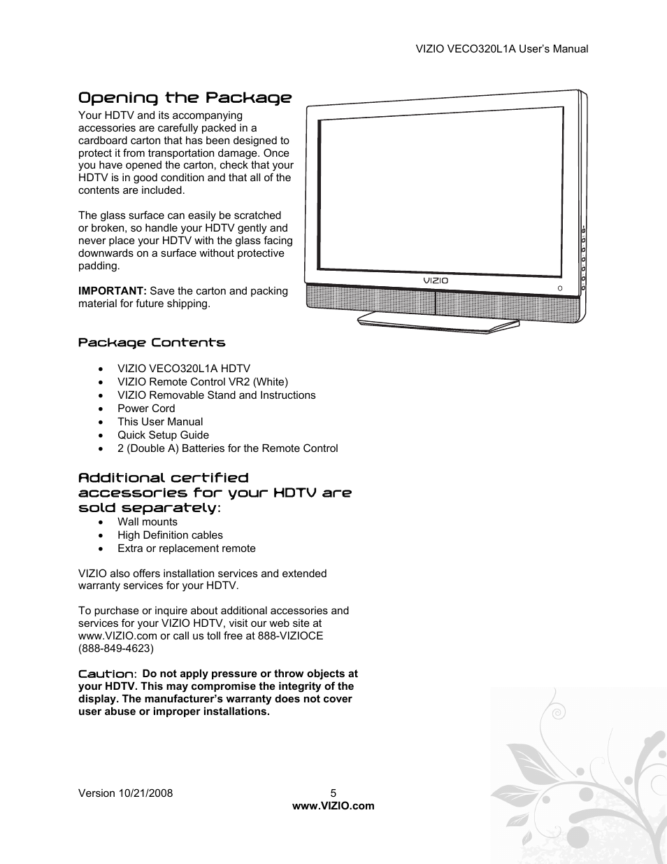 Opening the package, Package contents | Vizio VECO320L 1A User Manual | Page 5 / 46