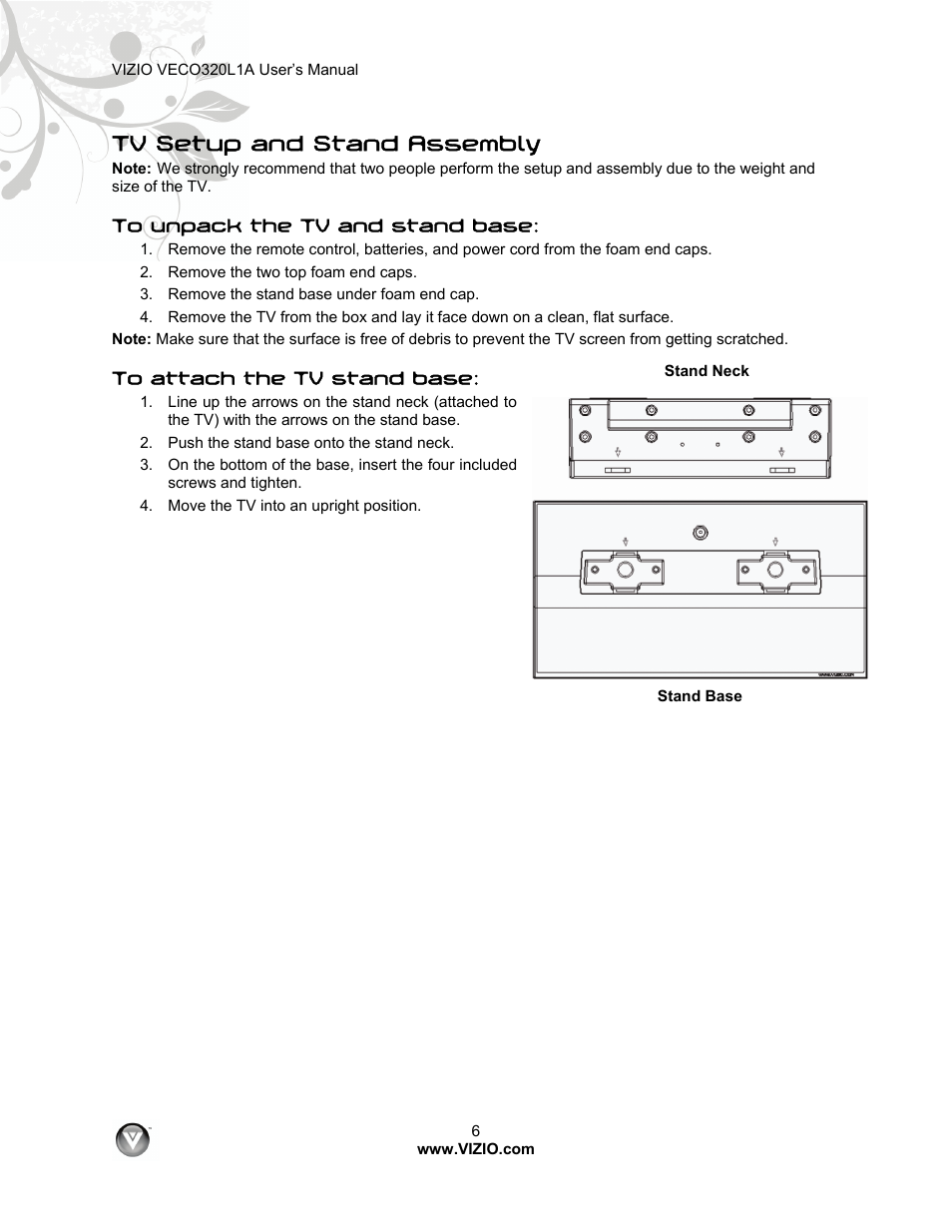 Tv setup and stand assembly | Vizio VECO320L 1A User Manual | Page 6 / 46