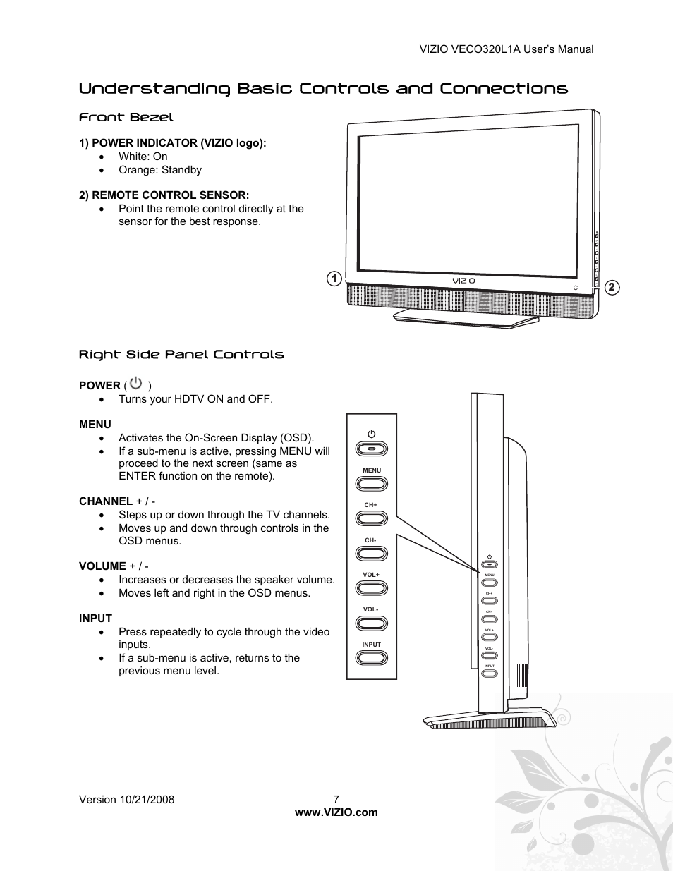 Understanding basic controls and connections, Front bezel, Right side panel controls | Vizio VECO320L 1A User Manual | Page 7 / 46