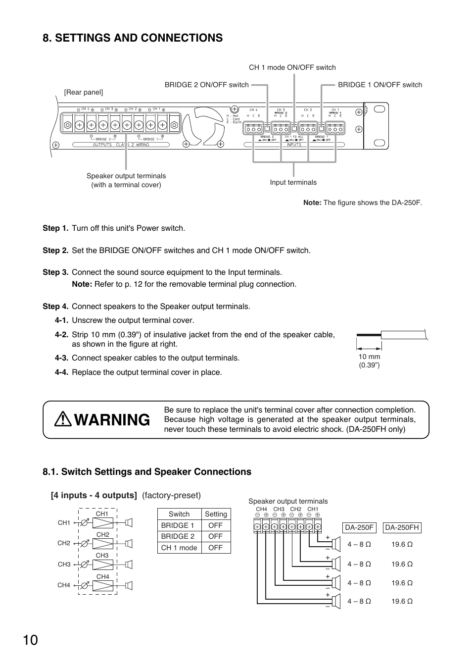Warning, Settings and connections, Switch settings and speaker connections | Vizio DA-250F CU User Manual | Page 10 / 20