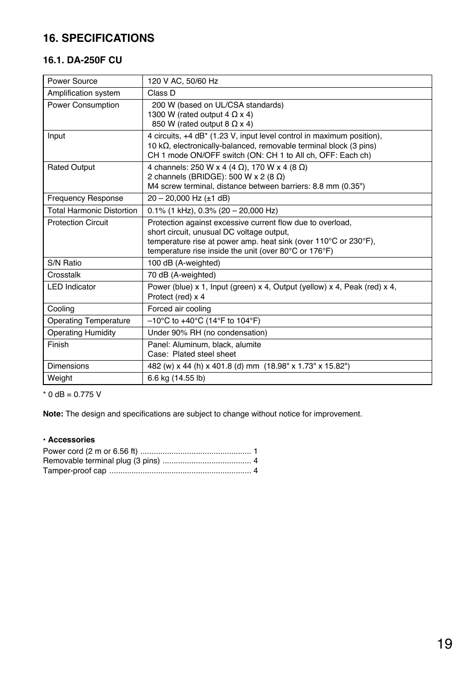 Specifications | Vizio DA-250F CU User Manual | Page 19 / 20